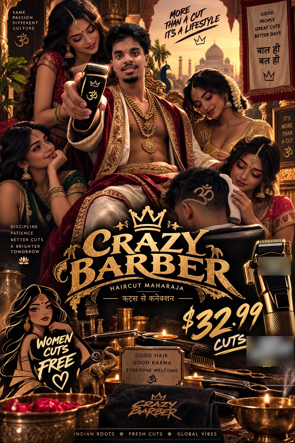 Haircut Maharaja poster: Hans on a throne holding clippers, $32.99 cuts